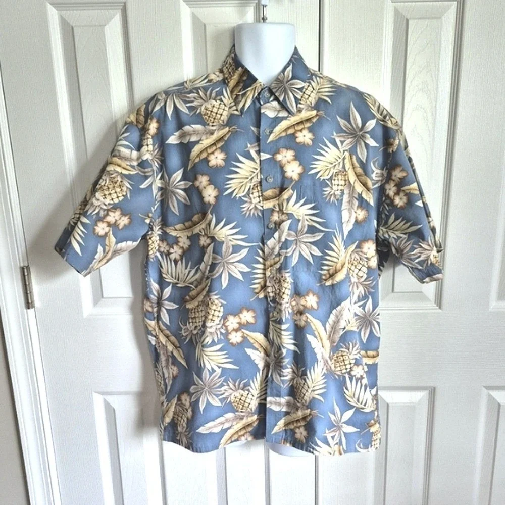Vintage‎ Campia 100% Cotton Button Down Light Blue Tan Hawaiian Shirt Mens L